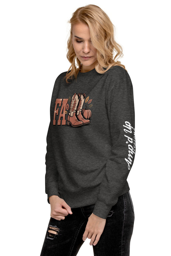 Woman wearing Amp'd Up Custom Southern Fall Sweatshirt in dark gray with autumn boots design