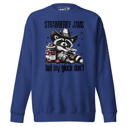 Amp'd Up Custom Strawberry Jams, But My Glock Don't sweatshirt featuring a raccoon with a gun and a jam jar