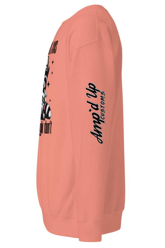 Amp'd Up Custom Strawberry Jams, But My Glock Don't Sweatshirt in Coral Color with Bold Text Design