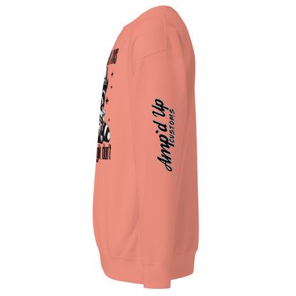 Amp'd Up Custom Strawberry Jams, But My Glock Don't Sweatshirt in Coral Color with Bold Text Design