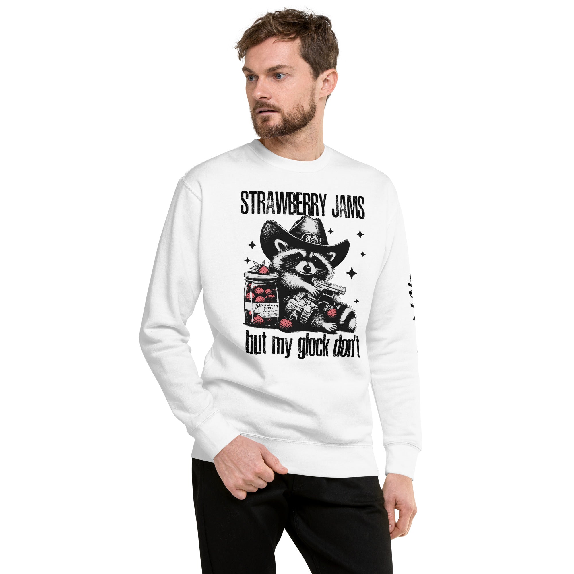 Amp'd Up Custom Strawberry Jams, But My Glock Don't Sweatshirt in White with Graphic Design