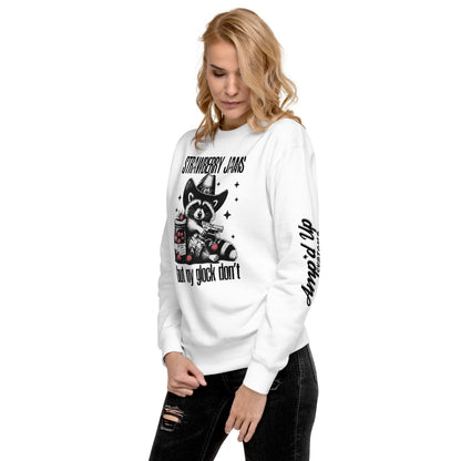 Amp'd Up Custom Strawberry Jams, But My Glock Don't Sweatshirt in White with Graphic Print