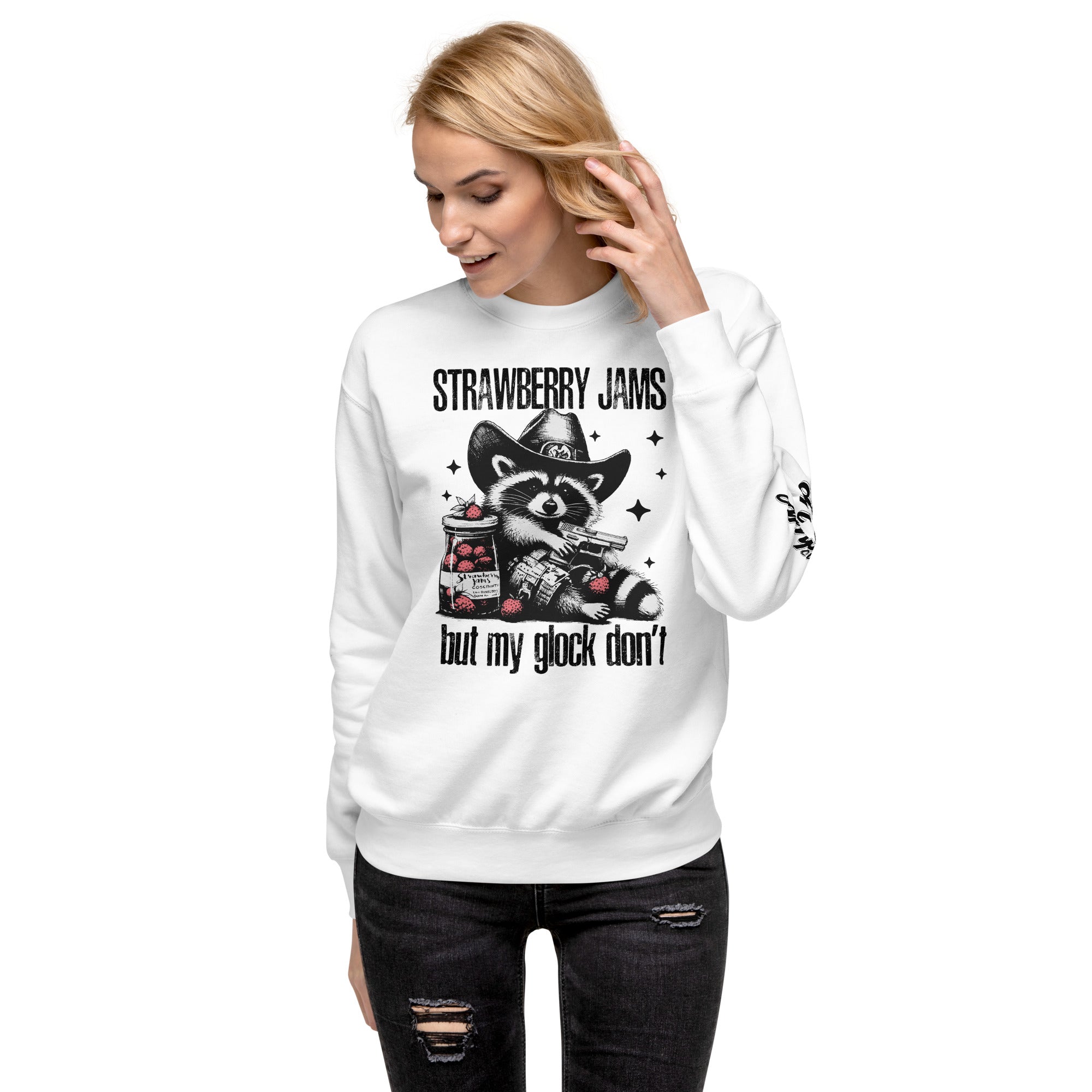Amp'd Up Custom Strawberry Jams, But My Glock Don't Sweatshirt with Graphic Raccoon Design