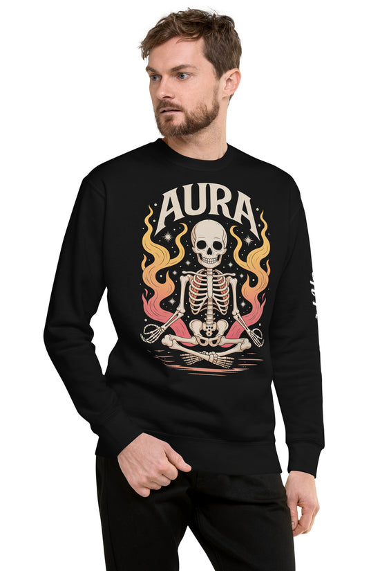 Amp'd Up Custom black AURA Sweatshirt with skeleton meditating and colorful flame design