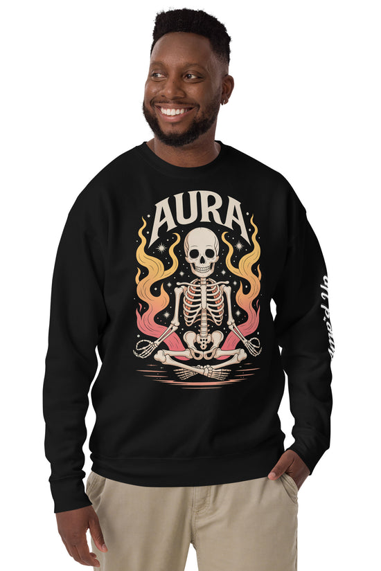Man wearing Amp'd Up Custom black AURA Sweatshirt with meditating skeleton and flames graphic