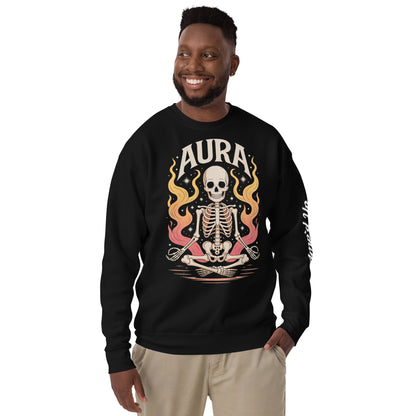 Man wearing Amp'd Up Custom black AURA Sweatshirt with meditating skeleton and flames graphic