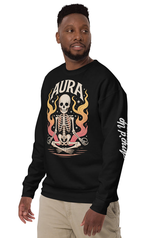 Black AURA Sweatshirt by Amp'd Up Custom featuring skeleton graphic and flame design on front