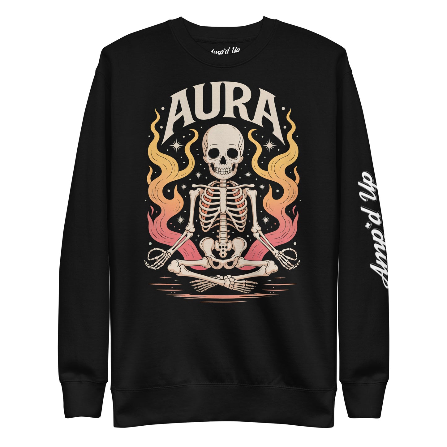 Black AURA Sweatshirt by Amp'd Up Custom featuring a meditating skeleton with colorful flames graphic
