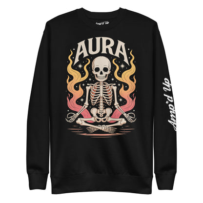Black AURA Sweatshirt by Amp'd Up Custom featuring a meditating skeleton with colorful flames graphic