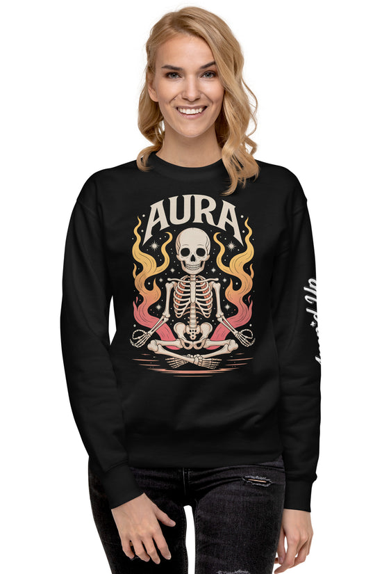 Black AURA Sweatshirt featuring a skeleton meditating with colorful flames design