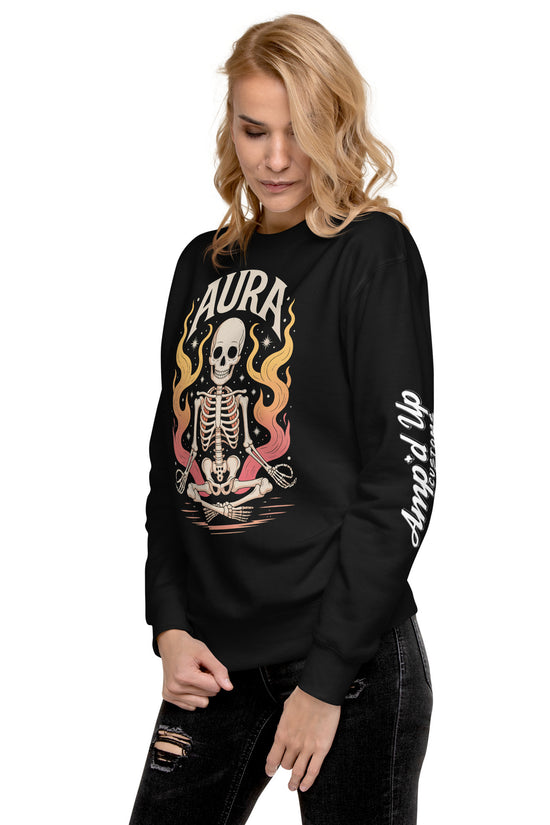 Amp'd Up Custom black AURA Sweatshirt with skeleton graphic and flame design worn by woman