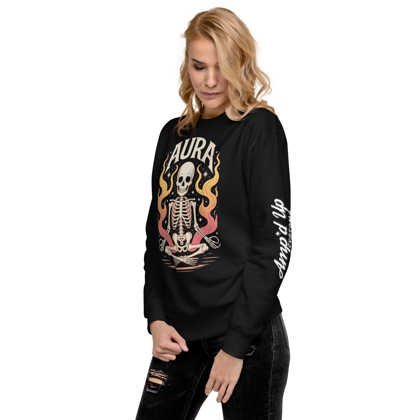 Amp'd Up Custom black AURA Sweatshirt with skeleton graphic and flame design worn by woman