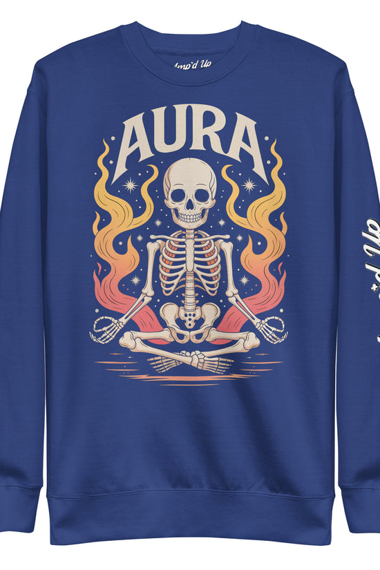 Amp'd Up Custom blue AURA Sweatshirt with skeleton meditating amid colorful flames design