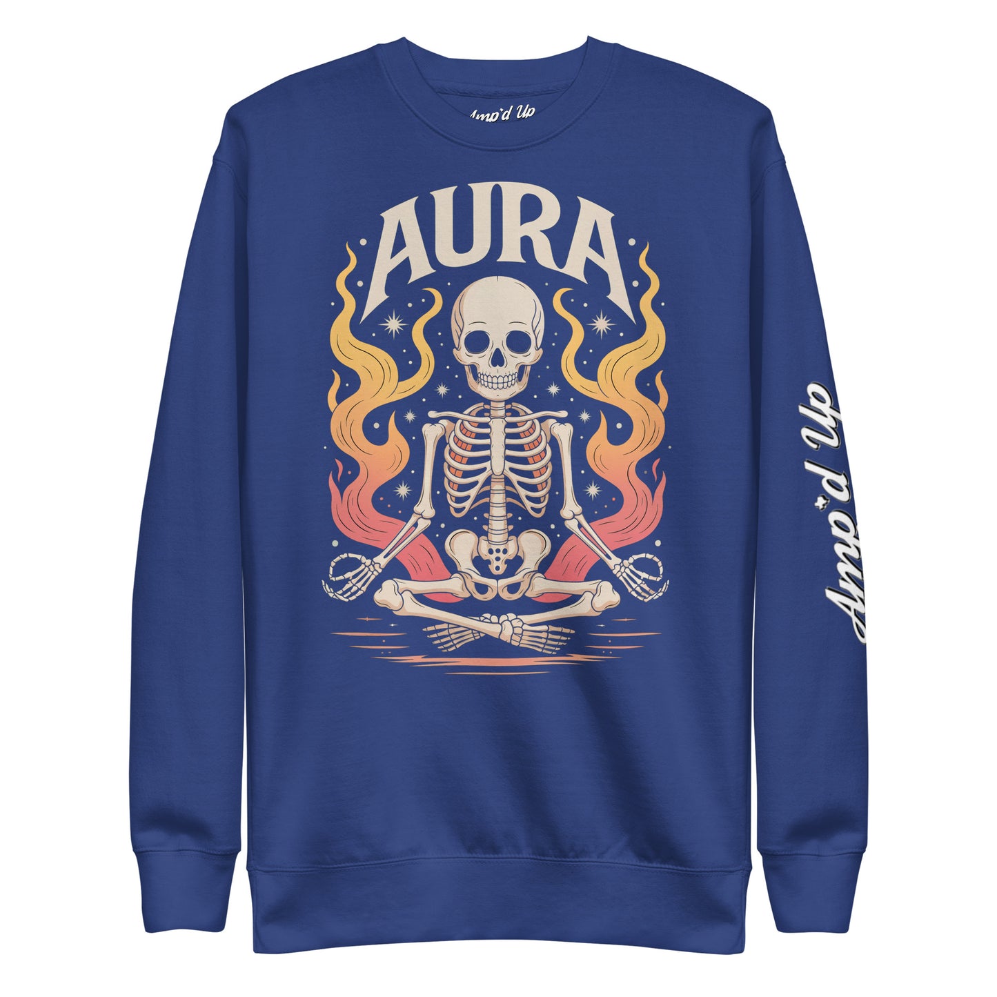 Amp'd Up Custom blue AURA Sweatshirt with skeleton meditating amid colorful flames design