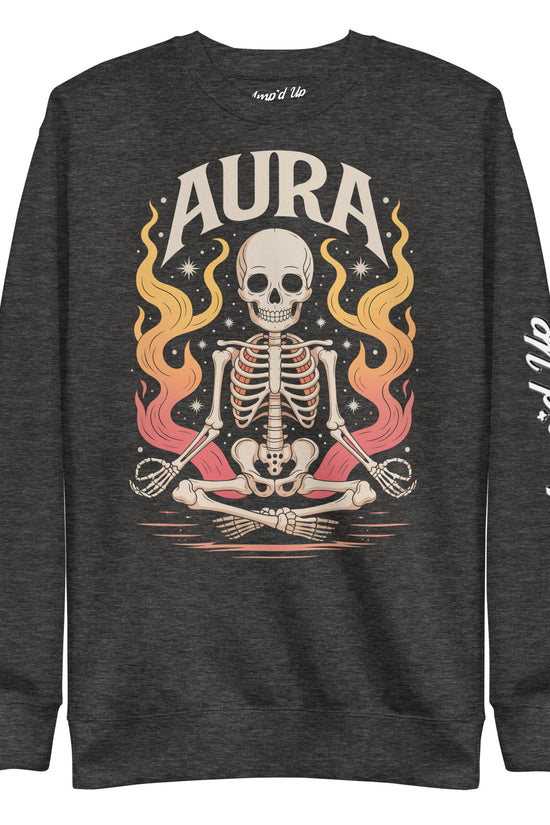 Amp'd Up Custom black AURA Sweatshirt with meditating skeleton and colorful flame design