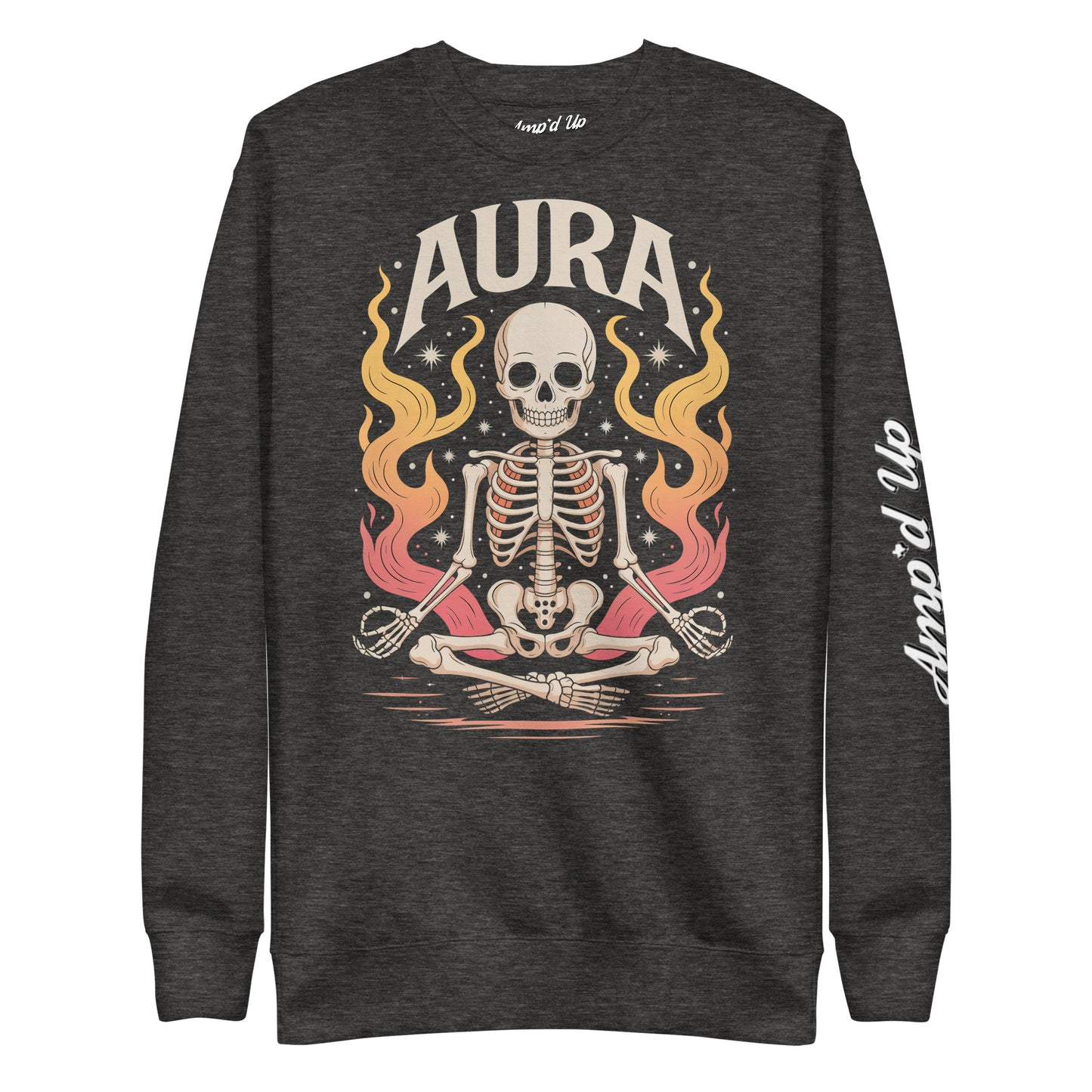 Amp'd Up Custom black AURA Sweatshirt with meditating skeleton and colorful flame design