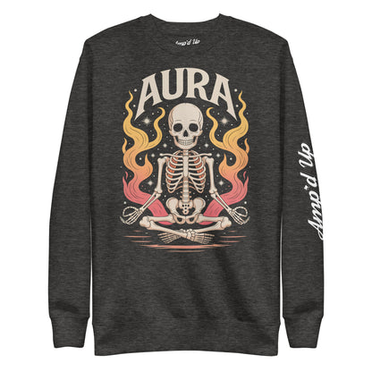 Amp'd Up Custom black AURA Sweatshirt with meditating skeleton and colorful flame design