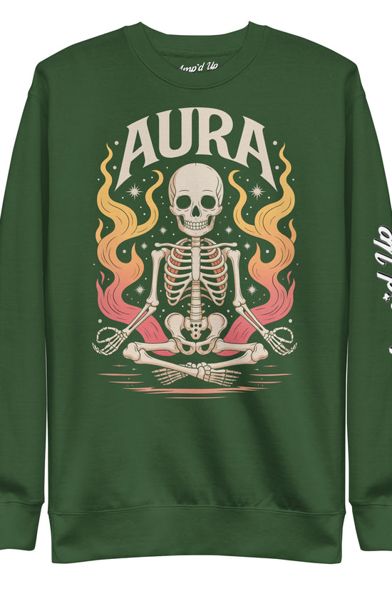 Amp'd Up Custom green AURA Sweatshirt with skeleton in lotus pose and colorful flames design