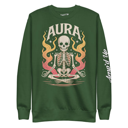 Amp'd Up Custom green AURA Sweatshirt with skeleton in lotus pose and colorful flames design