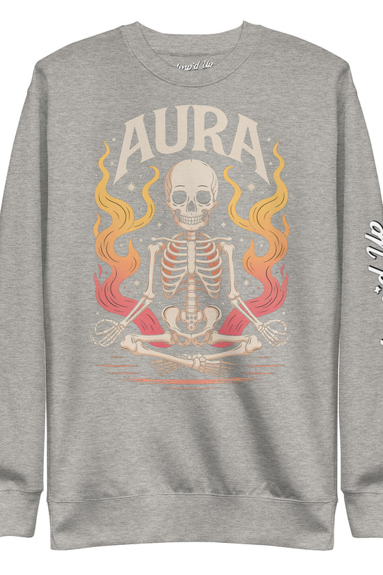 Amp'd Up Custom gray AURA Sweatshirt featuring a meditating skeleton with vibrant flames design