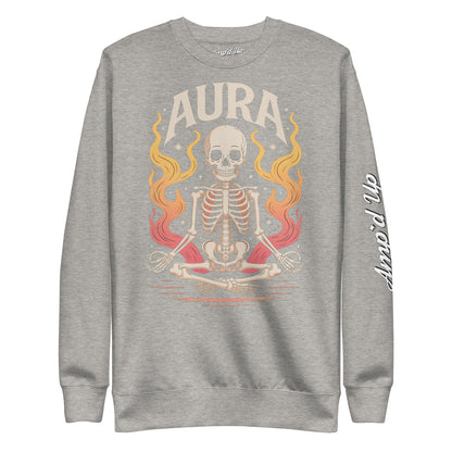 Amp'd Up Custom gray AURA Sweatshirt featuring a meditating skeleton with vibrant flames design