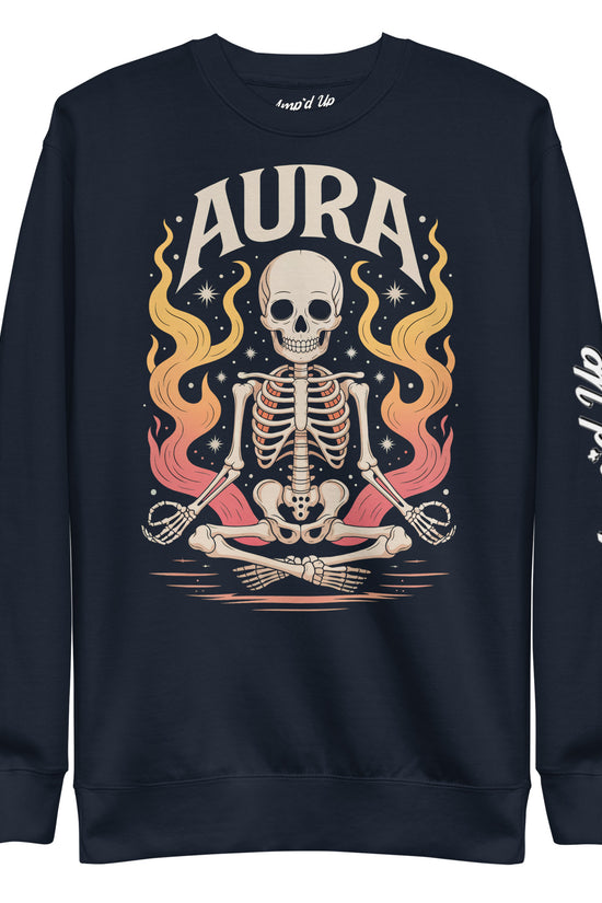 Amp'd Up Custom black AURA Sweatshirt with skeleton meditating and colorful flames graphic