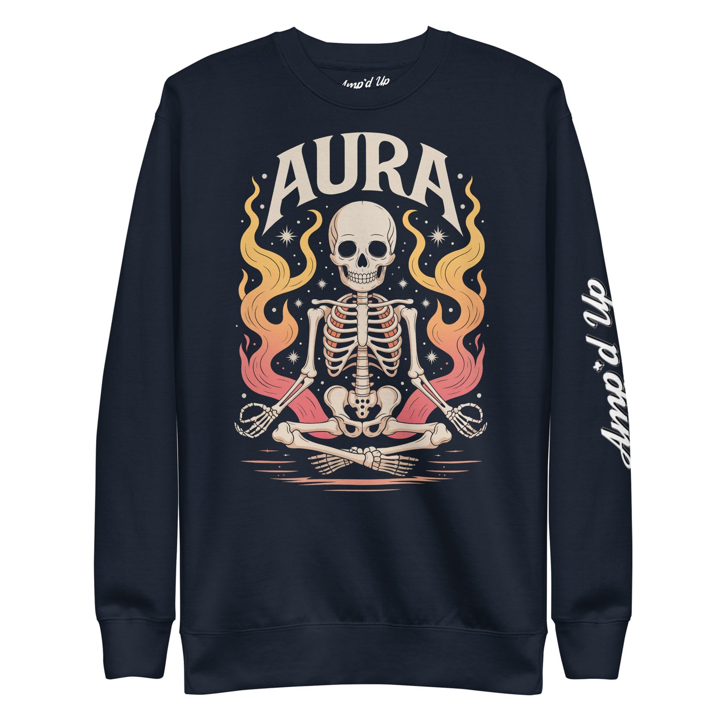 Amp'd Up Custom black AURA Sweatshirt with skeleton meditating and colorful flames graphic