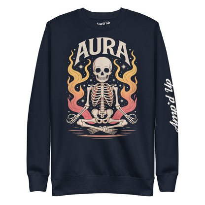 Amp'd Up Custom black AURA Sweatshirt with skeleton meditating and colorful flames graphic