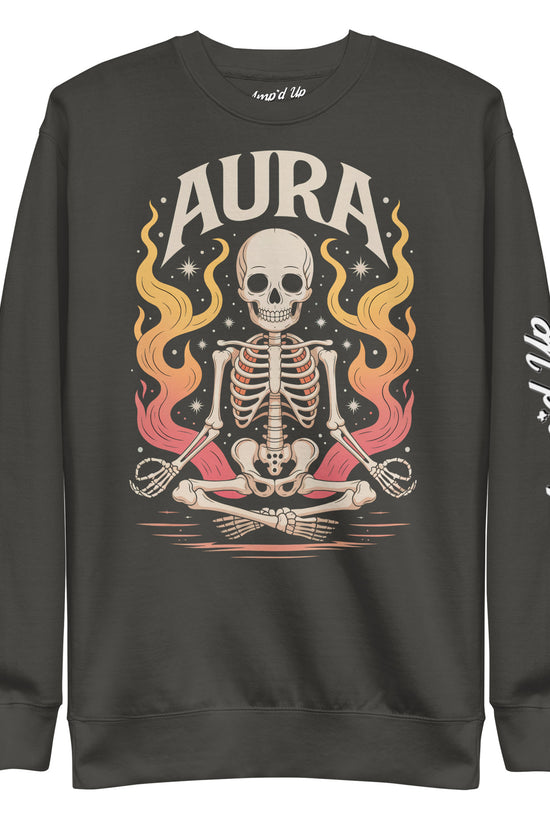 Amp'd Up Custom AURA Sweatshirt with meditating skeleton and fiery aura graphic on front