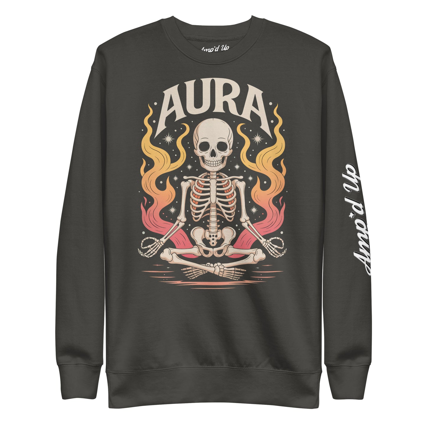 Amp'd Up Custom AURA Sweatshirt with meditating skeleton and fiery aura graphic on front
