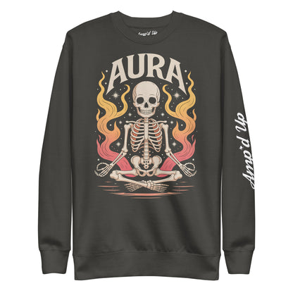 Amp'd Up Custom AURA Sweatshirt with meditating skeleton and fiery aura graphic on front