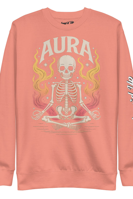 Amp'd Up Custom AURA Sweatshirt in coral with meditating skeleton and flame design