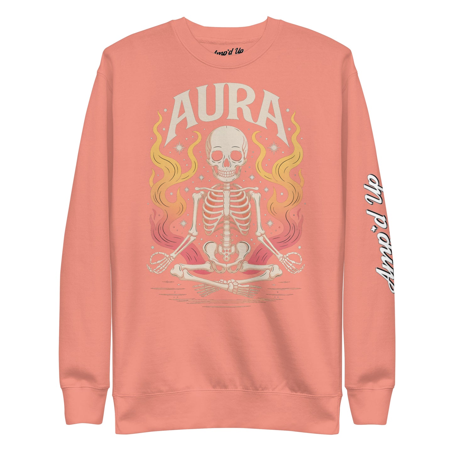 Amp'd Up Custom AURA Sweatshirt in coral with meditating skeleton and flame design
