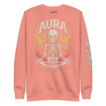 Amp'd Up Custom AURA Sweatshirt in coral with meditating skeleton and flame design