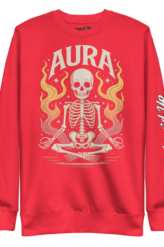 Red AURA Sweatshirt by Amp'd Up Custom featuring a meditating skeleton with flames and brand logo on sleeve
