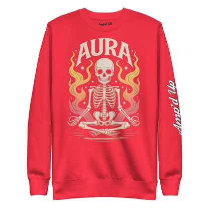 Red AURA Sweatshirt by Amp'd Up Custom featuring a meditating skeleton with flames and brand logo on sleeve