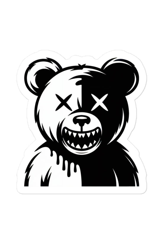 Black and white bear sticker with split design and crossed-out eyes by Amp'd Up Custom