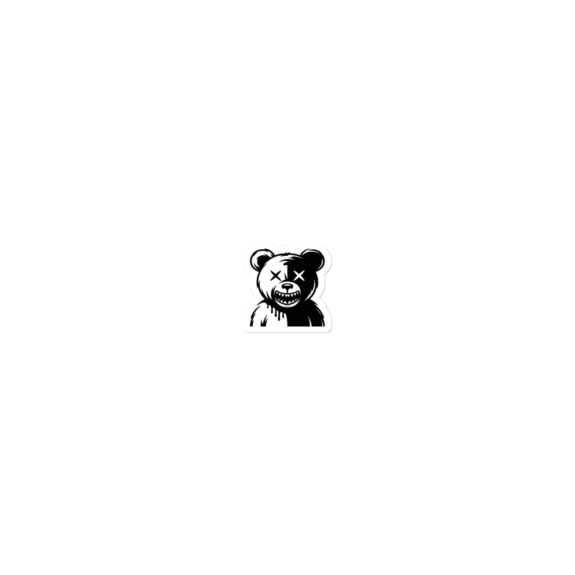 Amp'd Up Custom bear sticker with half white and half black design featuring stitched eyes and a grin