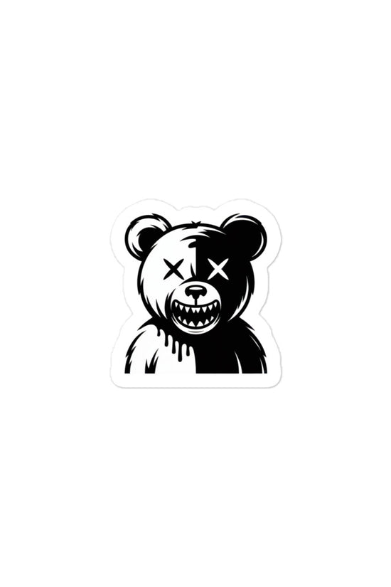 Black and white creepy bear sticker with a dripping effect and crossed-out eyes by Amp'd Up Custom