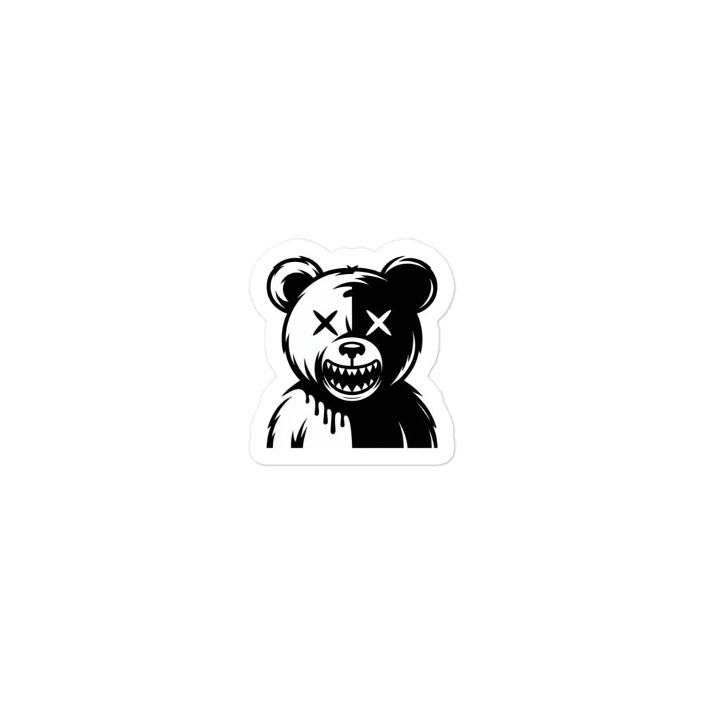Black and white creepy bear sticker with a dripping effect and crossed-out eyes by Amp'd Up Custom