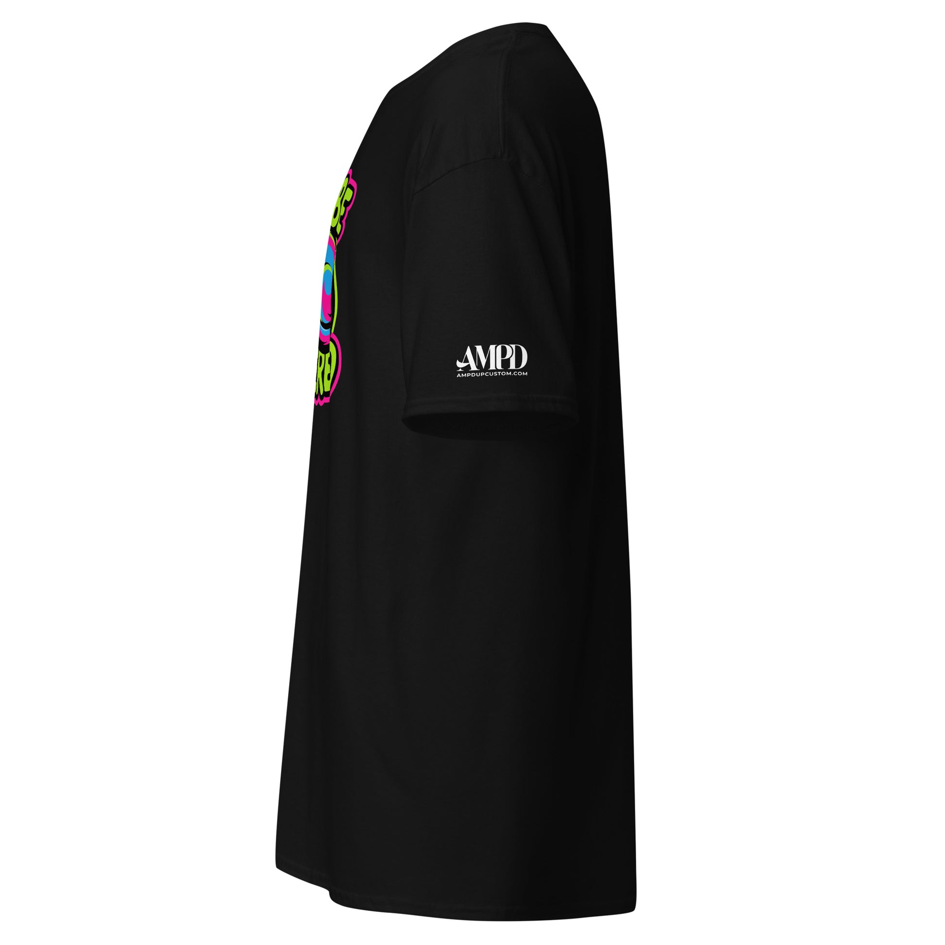 Cant Be Bothered Kitty Cat Colorful Graffiti Style Pink, Green and Blue T-Shirt in black with vibrant design