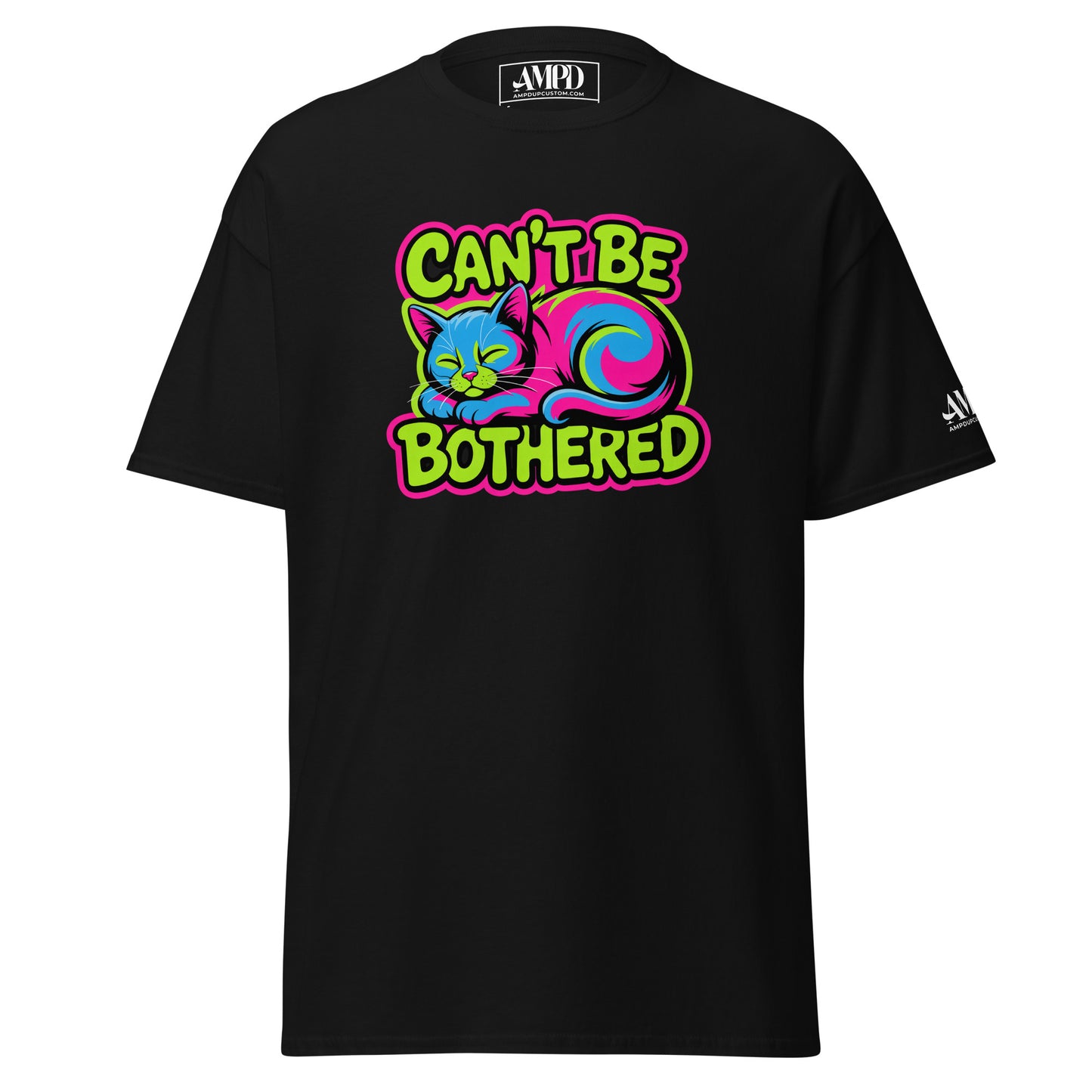 Cant Be Bothered Kitty Cat Colorful Graffiti Style Pink, Green and Blue T-Shirt on a black background