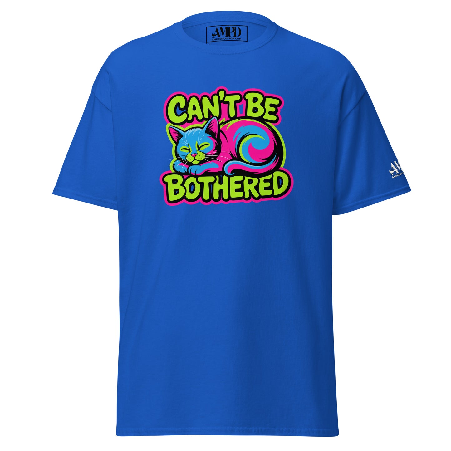Cant Be Bothered Kitty Cat Colorful Graffiti Style Pink, Green and Blue T-Shirt on a blue background