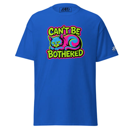 Cant Be Bothered Kitty Cat Colorful Graffiti Style Pink, Green and Blue T-Shirt on a blue background