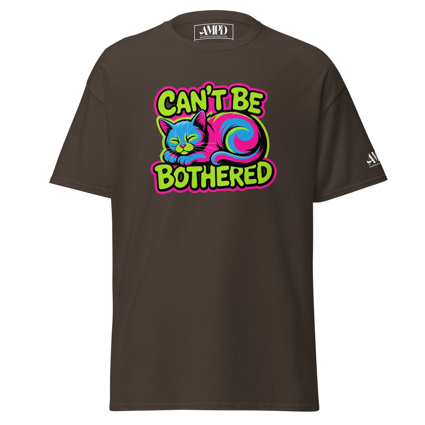 Cant Be Bothered Kitty Cat Colorful Graffiti Style T-Shirt in Pink, Green, and Blue by Amp'd Up Custom