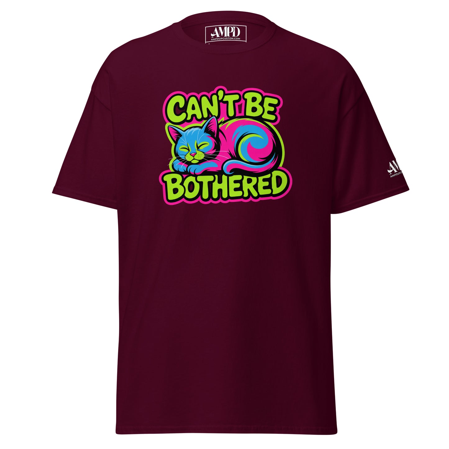 Cant Be Bothered Kitty Cat Colorful Graffiti Style Pink, Green and Blue T-Shirt on a maroon background