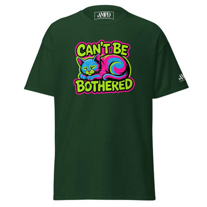 Cant Be Bothered Kitty Cat Colorful Graffiti Style Pink, Green and Blue T-Shirt on a dark green backdrop