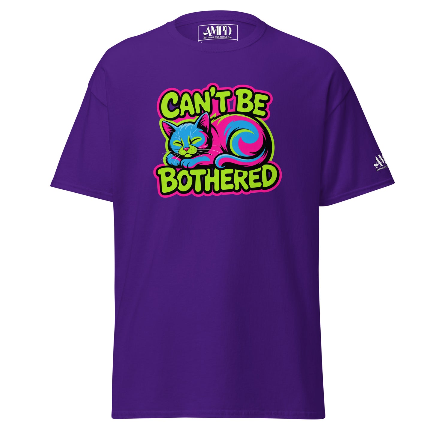 Cant Be Bothered Kitty Cat Colorful Graffiti Style Pink, Green and Blue T-Shirt in Purple