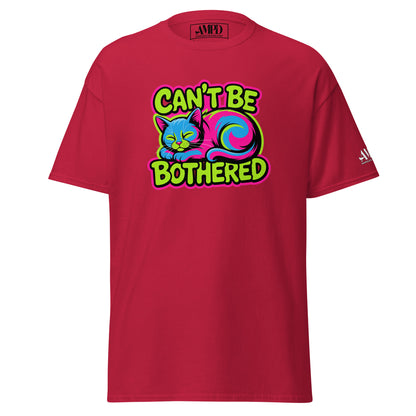 Cant Be Bothered Kitty Cat Colorful Graffiti Style Pink, Green and Blue T-Shirt on a red background
