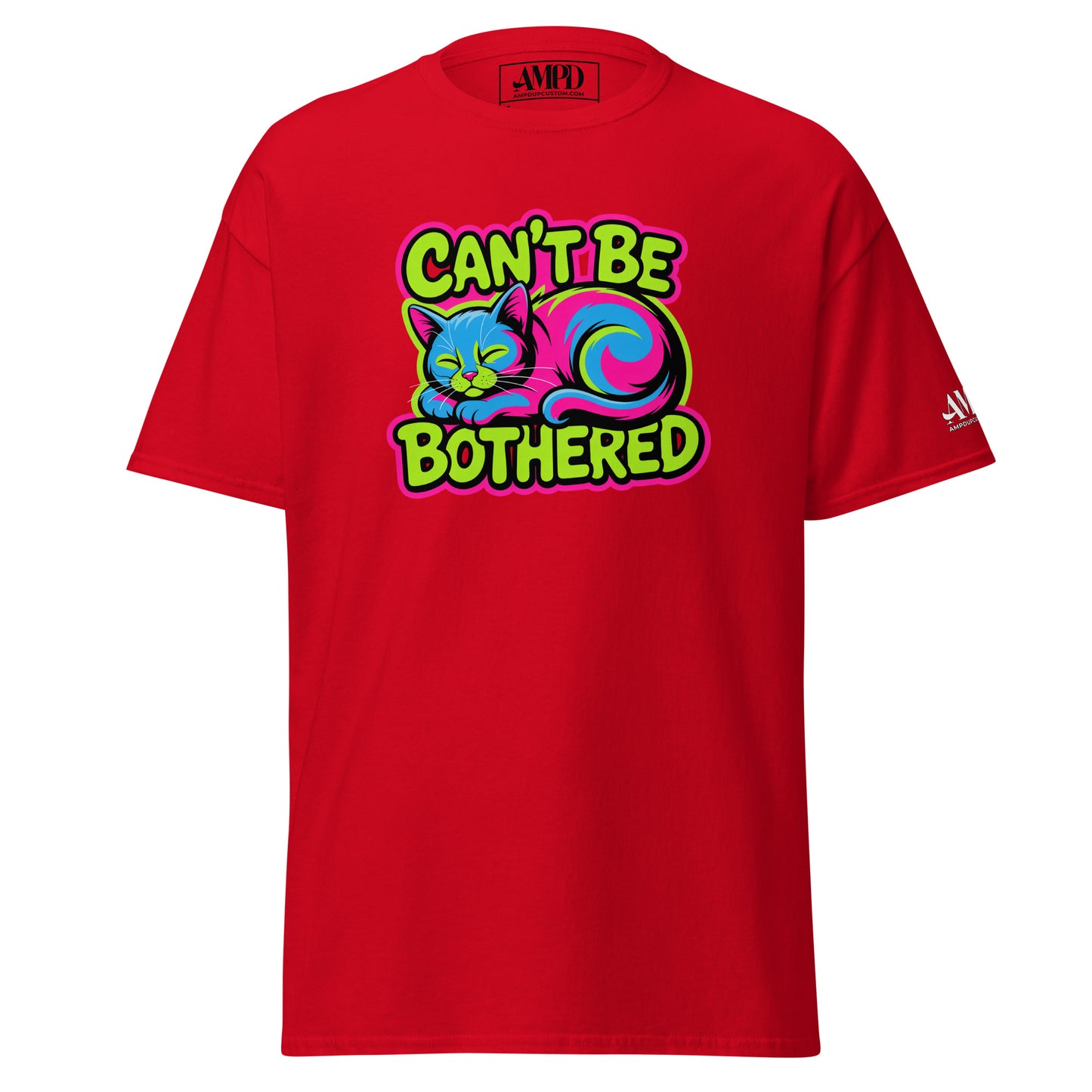 Cant Be Bothered Kitty Cat Colorful Graffiti Style Pink, Green and Blue T-Shirt on a Red Background
